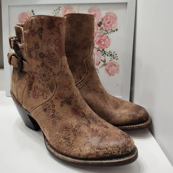 🥰EUC Lucchese Catalina Floral Genuine Leather Distressed Zip Ankle Boots, 7.5 - Picture 7 of 16